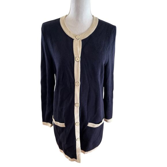 Talbots Classic Long Cardigan Sweater Navy Blue Cream MP - Picture 1 of 7